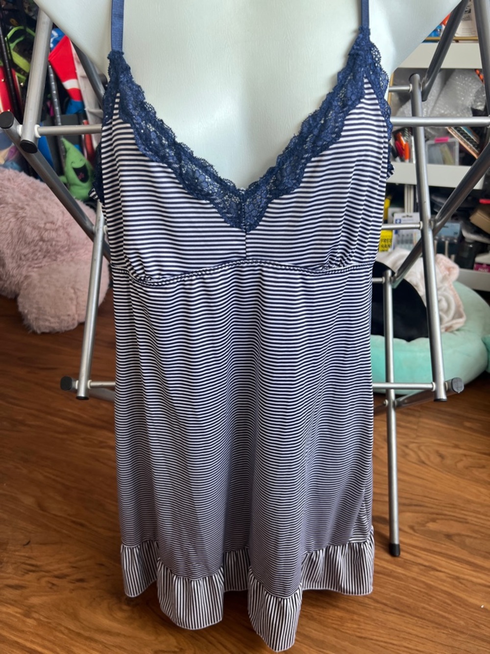 Laura Ashley Navy and White Striped Lace-Trim Chemise